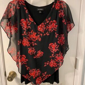 Black Top with red and silver flowers